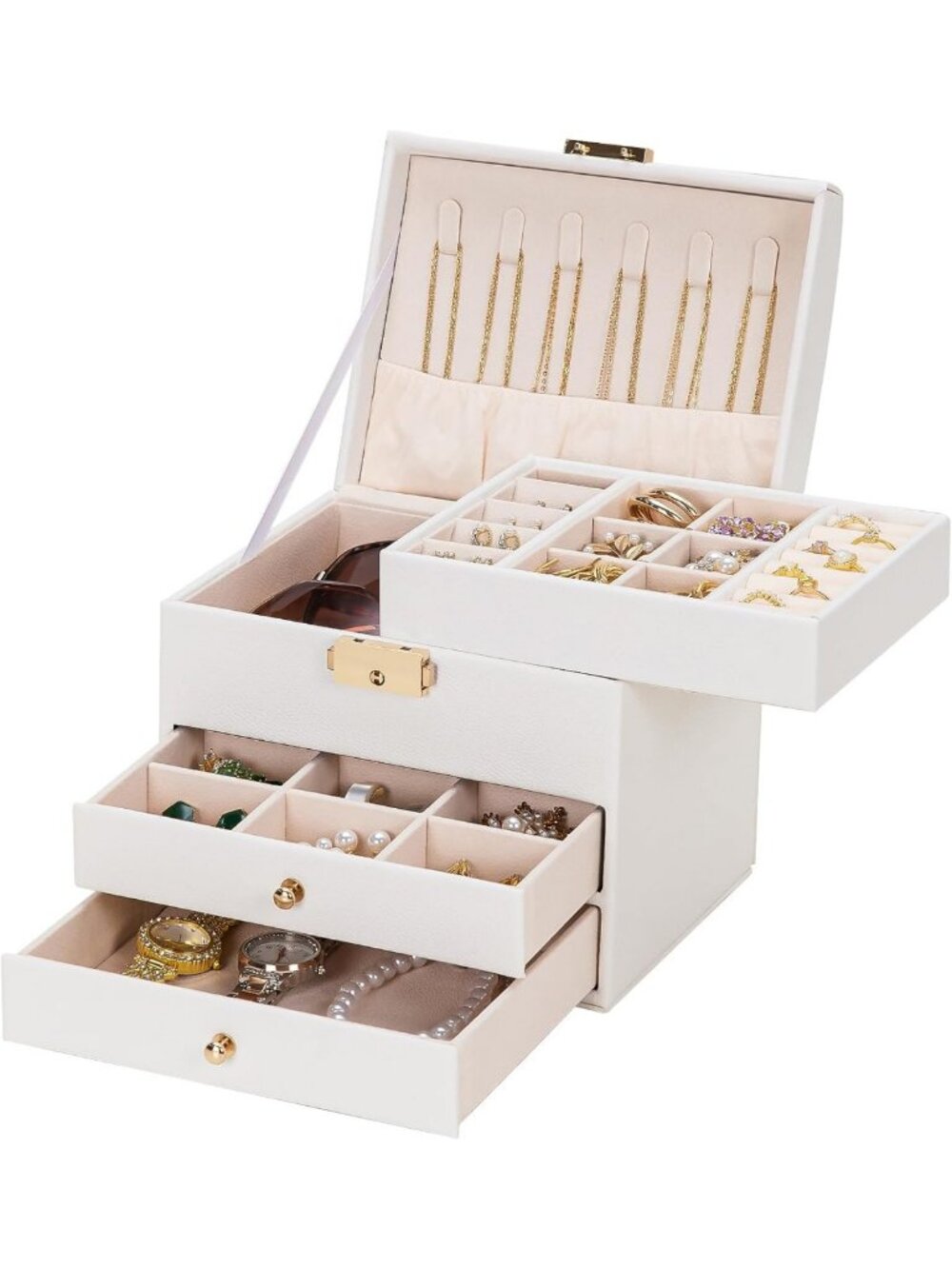 Charming Cloud White Jewelry Box for Girls | 3 Layers, Lock & Removable Tray